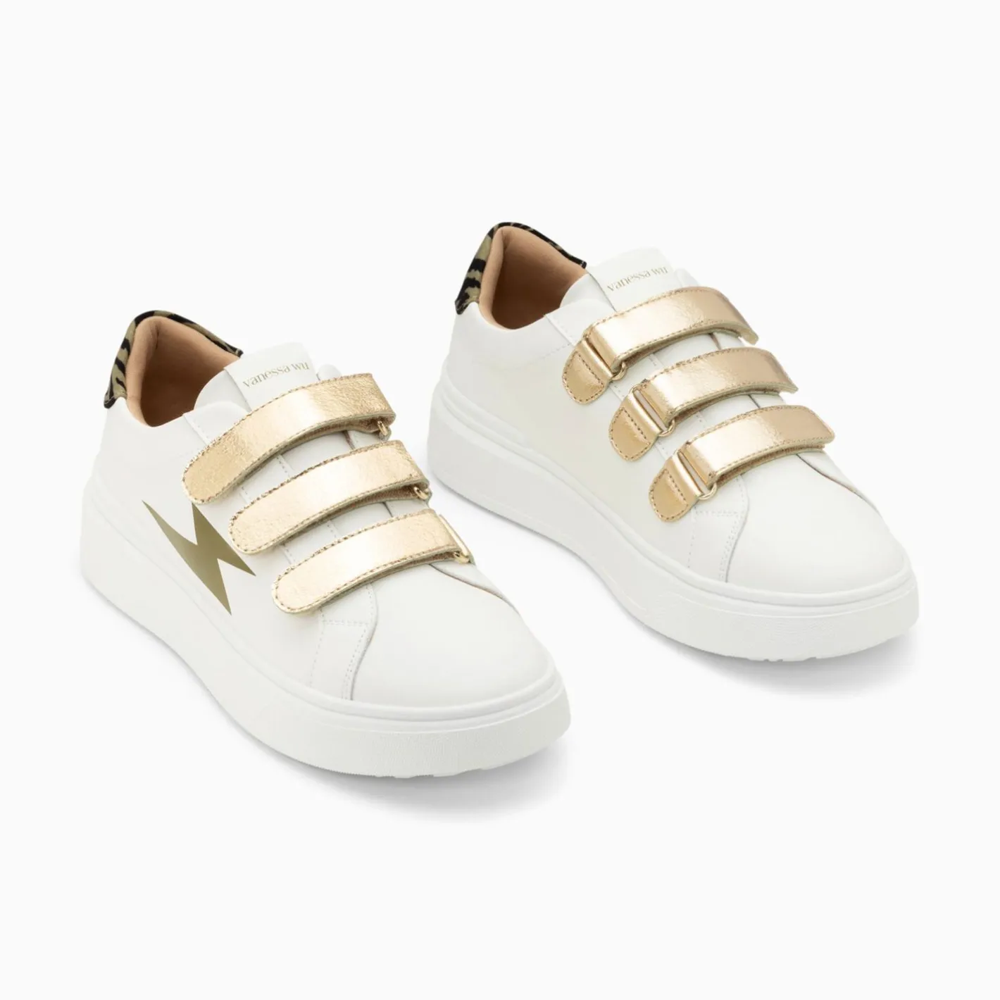 Vanessa Wu Baskets Eclair Salome Blanc Et Kaki A Scratchs Or