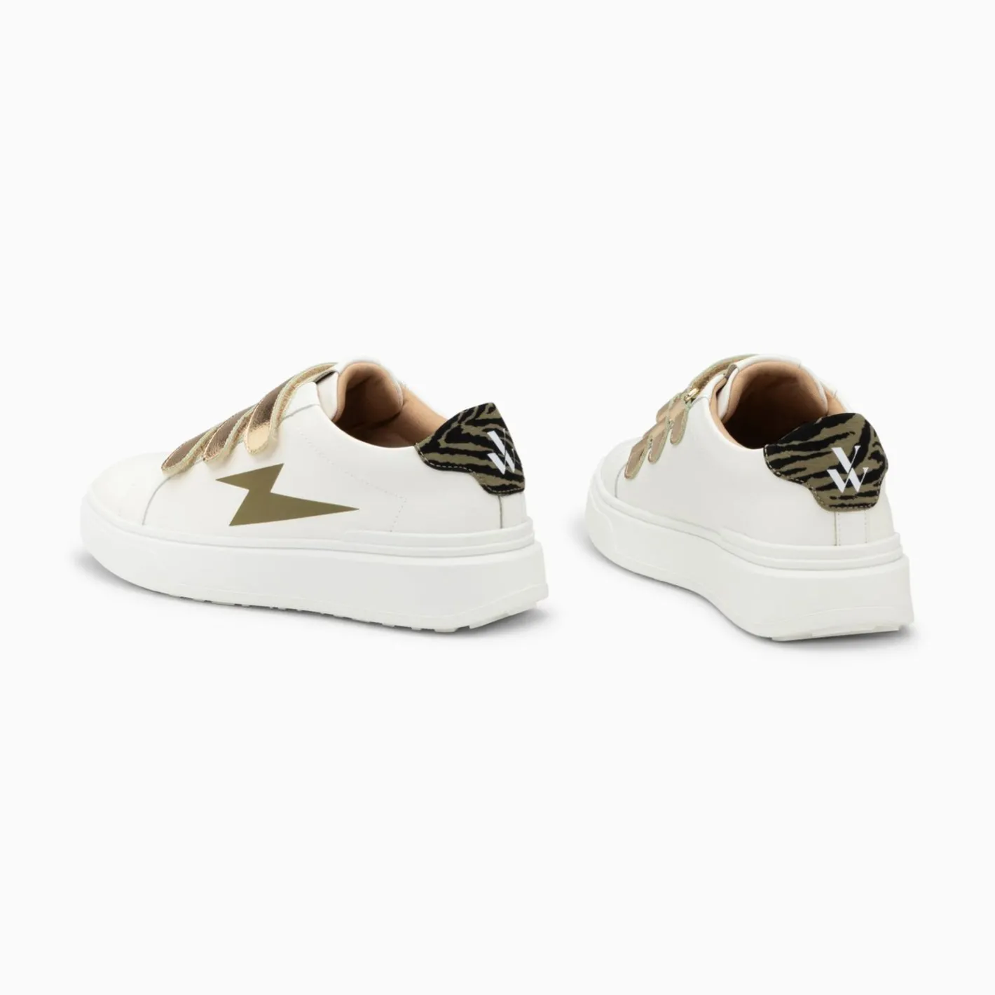 Vanessa Wu Baskets Eclair Salome Blanc Et Kaki A Scratchs Or