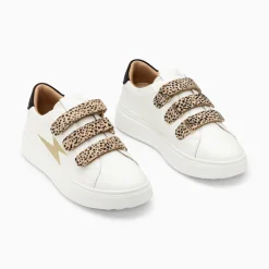 Vanessa Wu Baskets Eclair Salome Blanc Et Or A Scratchs Guepard Discount