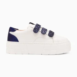 Vanessa Wu Baskets Monica Blanc Et Bleu Marine A Scratchs Glitter Et Plateforme Online