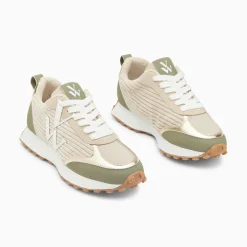 Vanessa Wu Baskets Monogramme Athenais Beige Et Kaki A Semelle Running