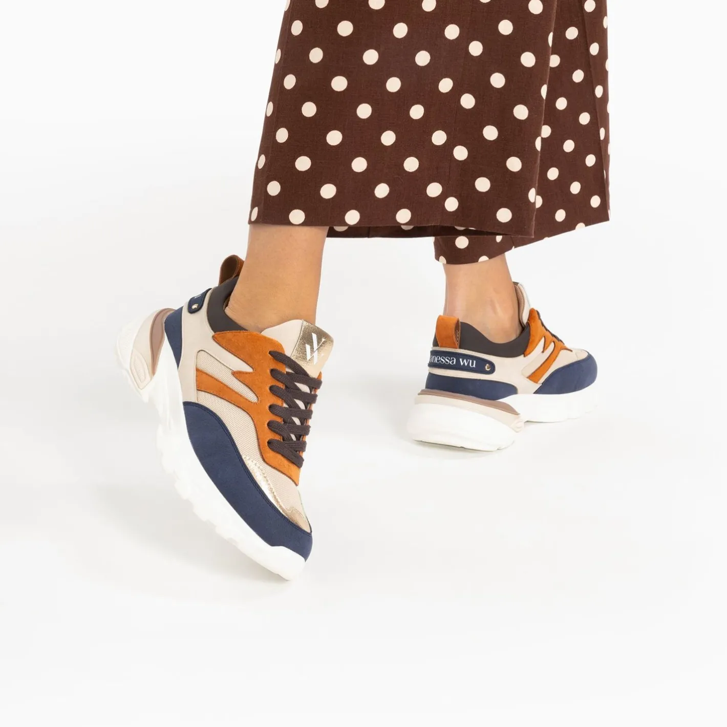 Vanessa Wu Baskets Ruth Bleu, Beige Et Orange A Semelle Oversize Clearance